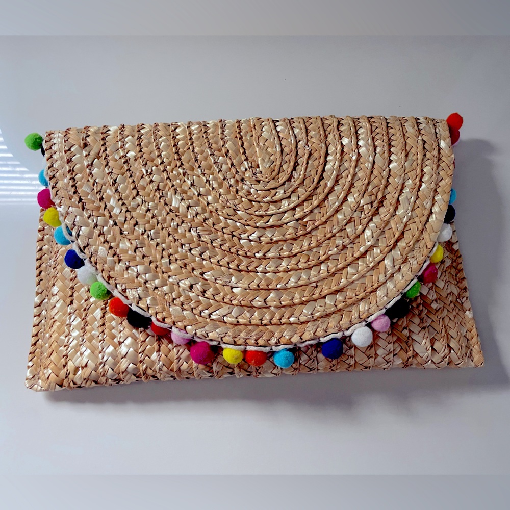 Shiraleah Carmelita Straw Clutch Edged in Pom Poms